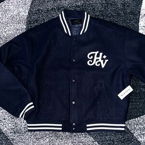PacSun Navy Blue Varsity Jacket with White Accents
